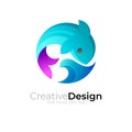 Jumping fish logo and wave icon vector, 3d style Royalty Free Stock Photo