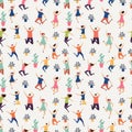 Jumping and flying people seamless pattern. Plants and happy humans vector texture