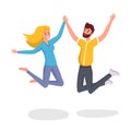 Jumping friends flat vector illustration. Happy and funny husband and wife, students in casual clothes cartoon