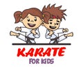 Jumping Girl and Boy in karate discipline. Martial arts school for childrens. Baby Karate logo. Strong kids concept