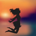 Jumping Girl Cartoon, Sunset, Seaside