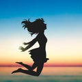 A Jumping Girl Cartoon, Under The Sunset, Seaside Royalty Free Stock Photo