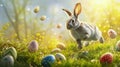 Jumping gray fluffy bunny and flying easter colorful eggs on along green spring grass against background of blue sky.