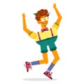 The jumping guy with glasses laughs happily. Royalty Free Stock Photo