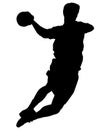Jumping handball player with ball in hand. Silhouette Royalty Free Stock Photo