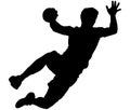 Jumping handball player with ball in hand. Silhouette Royalty Free Stock Photo