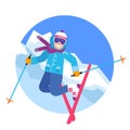 Jumping happy skier in the mountains vector illustration. Smiling skiing sportsmen character