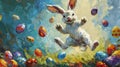 Jumping happy white fluffy bunny and flying easter colorful eggs on along green spring grass on background of blue sky