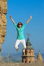 Jumping happy woman