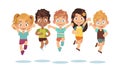 Jumping kids. Cartoon children playing and jump isolated happy active cute surprised kid vector characters