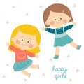 Jumping kids. Cute little girls smiling and jumping. Happy children jumping. Vector clip art illustration of cartoon kid Royalty Free Stock Photo