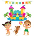 Jumping Kids And Dog And Bouncy Castle Vector Set. Cartoon Illustrations On A White Background.