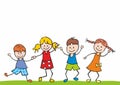 Romping children, four kids on grass, funny vector illustration, eps.