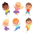 Jumping kids. Happy school children smile laugh boys and girls playing vector cartoon characters Royalty Free Stock Photo