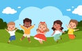 Jumping kids in playground. Sunny weather and playing happy group of children summer camping relax vector joyful holiday