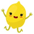 Jumping lemon character. Kawaii fruit. Cartoon mascot