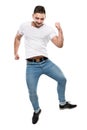 Jumping Man Full Body on White Background, Boy in Jump, Casual T Shirt Jeans Royalty Free Stock Photo