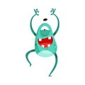Jumping Monster with Teeth and Horns Standing and Smiling Vector Illustration