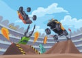 Jumping monster truck show. Bright colorful cartoon auto with big wheels. Car with large tires for rally 4x4 computer or