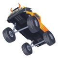 Jumping monster truck show. Bright colorful cartoon auto with big wheels. Car with large tires for rally 4x4 computer or