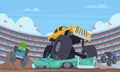 Jumping monster truck. Sport car with big wheels on arena aggressive adult game speed transport exact vector cartoon