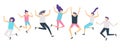 Jumping people. Active adults friends group jump. Happy female and male characters jumped and laugh vector illustration