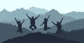Jumping people on background of forest and mountains, silhouette. Beautiful nature. Vector illustration Royalty Free Stock Photo