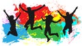 Jumping people friends silhouette, colorful bright ink splashes background.
