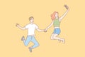 Jumping people, selfie, couple, leisure concept