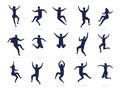 Jumping people silhouette. Happy active dancing men and women celebrating and have fun. Vector black symbols of boys and Royalty Free Stock Photo