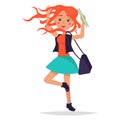 Jumping Redhead Girl Student with Bag Illustration Royalty Free Stock Photo