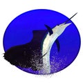 A jumping sailfish in a blue circle with splashing water