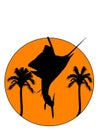 Jumping sailfish and palm tree in a sunset circle design