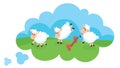 Jumping sheep in cloud. Animal bouncing over fence on meadow. Counting sheep to sleep in thought. Insomnia or sleeping