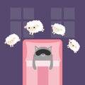 Jumping sheeps. Cat in sleeping mask. Cant sleep going to bed concept. Counting sheep. Cute cartoon kawaii baby animal set.