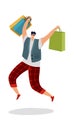 Jumping shopping man. Happy customer with shopping bag in mall young fashion byer boy for sale or discount advertising