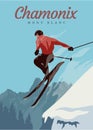 jumping skier extreme winter sport. ski travel vintage poster in chamonix mont blanc vector illustration design Royalty Free Stock Photo