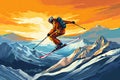 Jumping Skier, Extreme Winter Sports, Freestyle Skiing in Snow Mountains, Generative AI Illustration Royalty Free Stock Photo