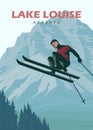 jumping skiers illustration poster design, lake louise vintage poster design