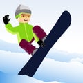 Jumping snowboarder keeps one hand on the snowboard