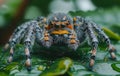 Jumping spider is crawling on green leaf. Royalty Free Stock Photo