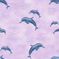 Jumping swimming blue dolphins. Seamless pattern with sea animals. Watercolor illustration on lilac background. Flock of dolphins
