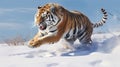 jumping tiger on the snow. The Siberian tiger (Panthera tigris tigris). generative ai Royalty Free Stock Photo