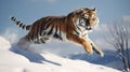 jumping tiger on the snow. The Siberian tiger (Panthera tigris tigris). generative ai Royalty Free Stock Photo