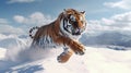 jumping tiger on the snow. The Siberian tiger (Panthera tigris tigris). generative ai Royalty Free Stock Photo