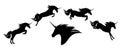 Jumping unicorn horse black vector silhouette set with motion phases