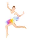 Jumping woman in a colourful skirt Royalty Free Stock Photo