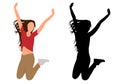 Jumping woman rejoices in victory, colorful and black silhouette. Vector illustration