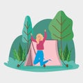 Jumping woman tent camping picnic forest