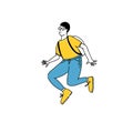 Jumping young man in round glasses, yellow tee and blue jeans. Student up in the air. Cheerful guy celebrating. Doodle